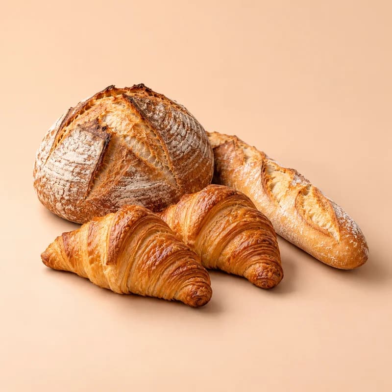 A round loaf, a baguette and two croissants