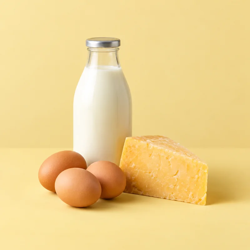 A bottle of milk, brown eggs and a wedge of cheese