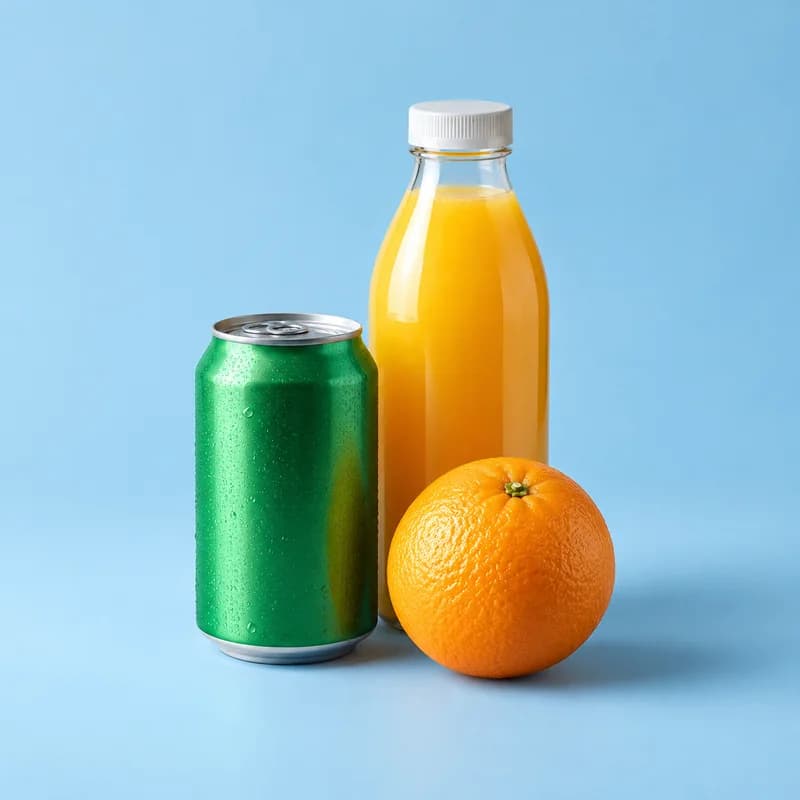 A green drink can, a bottle of orange juice and an orange