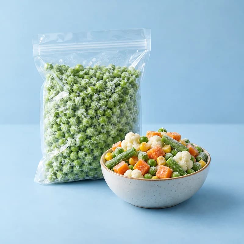 A bag of frozen peas and a bowl of frozen mixed vegetables
