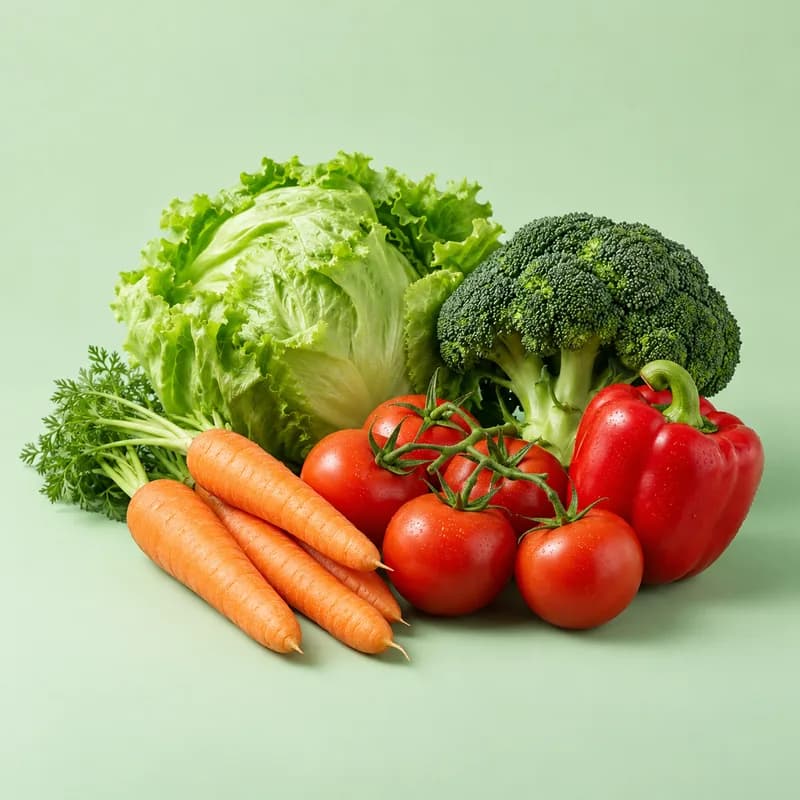 Lettuce, broccoli, carrots, tomatoes on the vine and a red pepper