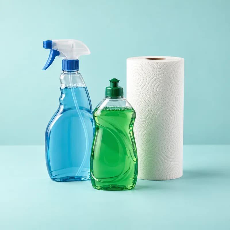 A spray cleaner, washing-up liquid and a kitchen roll