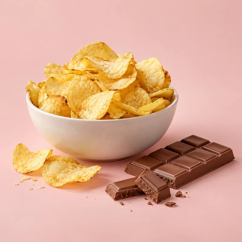 A bowl of crisps and a bar of milk chocolate