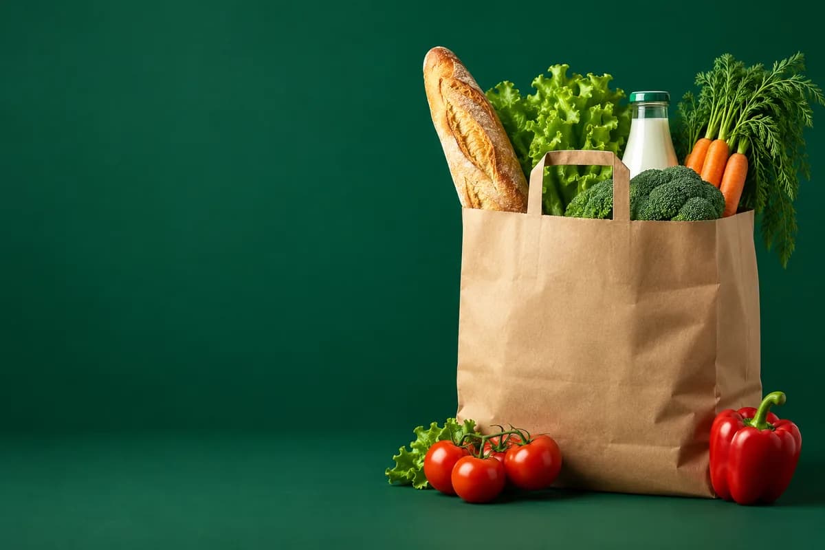 A paper shopping bag with a baguette, lettuce, milk, broccoli and carrots, beside tomatoes and a red pepper