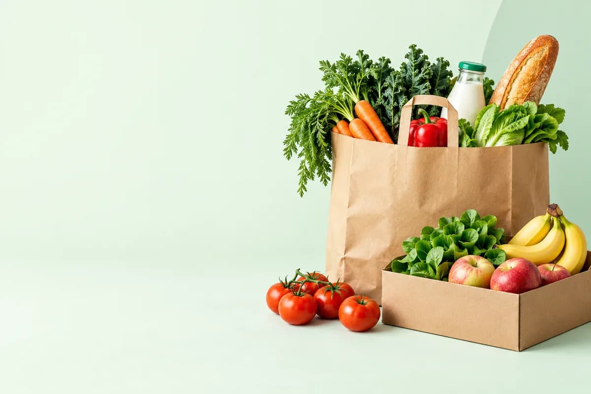 A paper shopping bag and a box of fresh groceries: carrots, kale, milk, a baguette, lettuce, tomatoes, apples and bananas