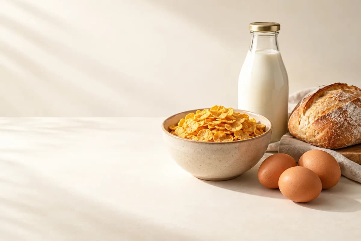 A bowl of cornflakes, a bottle of milk, brown eggs and a loaf of bread