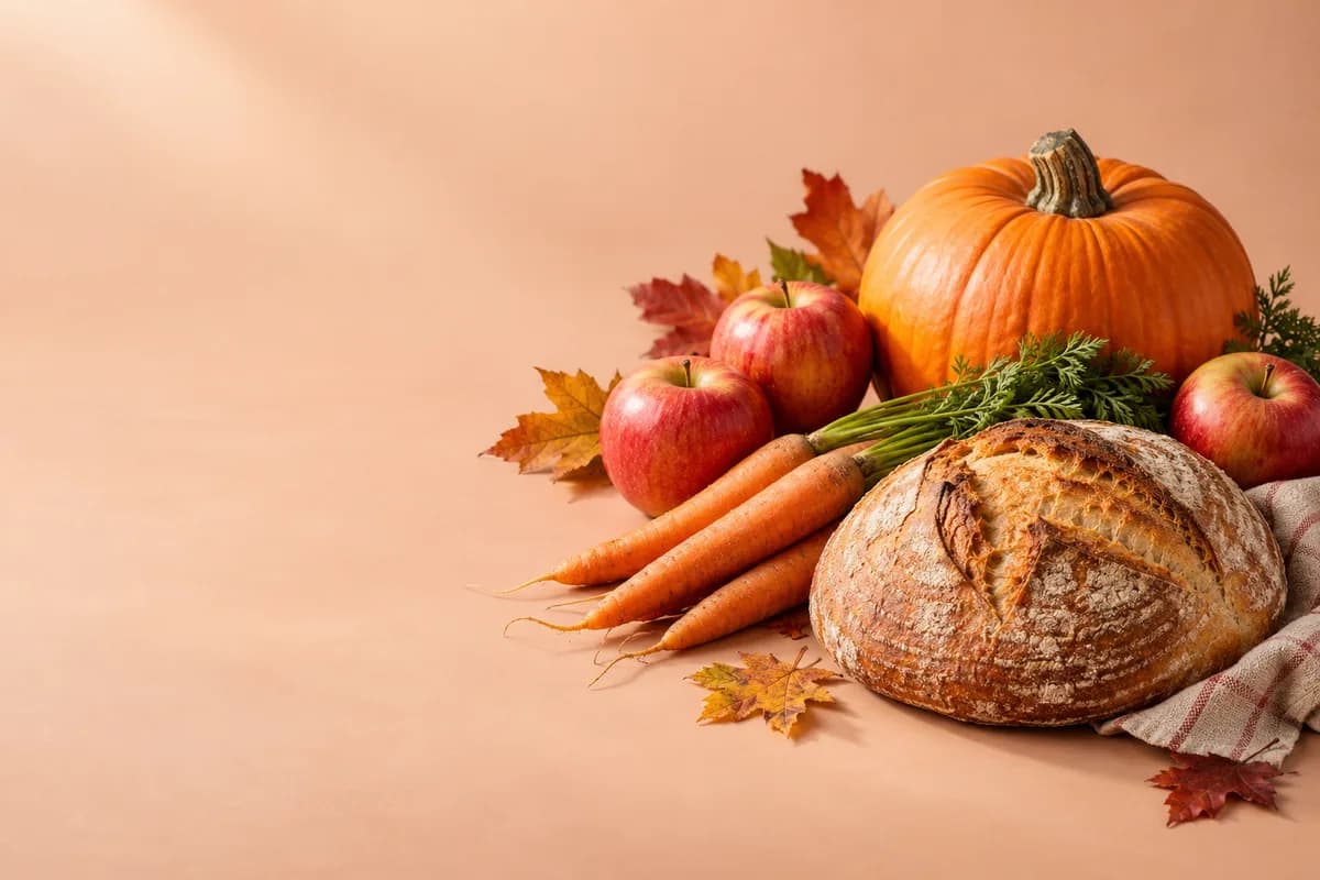 A pumpkin, apples, carrots and a round loaf with autumn leaves
