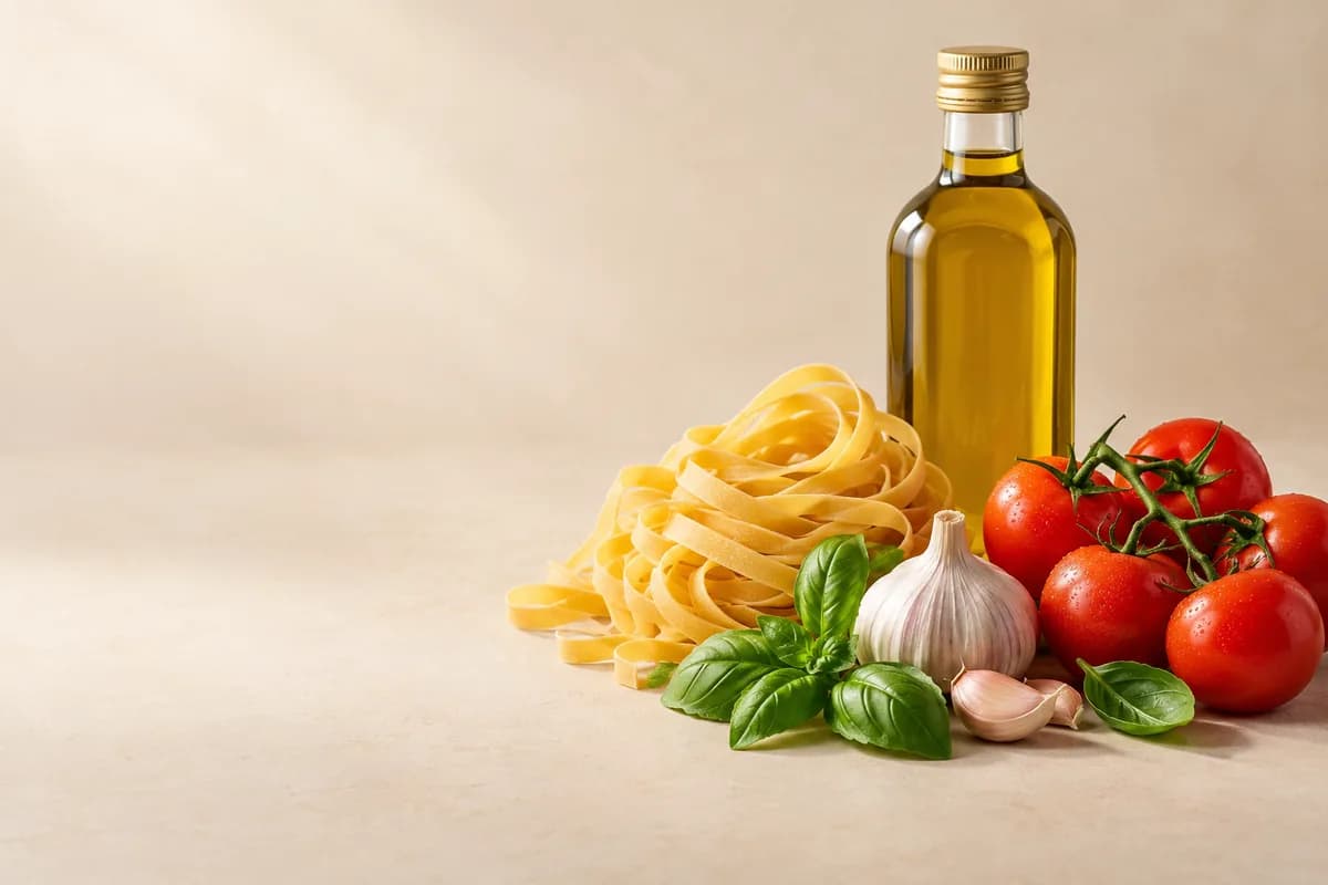 Fresh pasta, a bottle of olive oil, tomatoes on the vine, garlic and basil